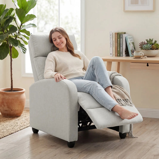 Fabric Recliner Chair, Manual Reclining Sofa, Padded Seat, Cream White Single Sofas Cream at Gallery Canada