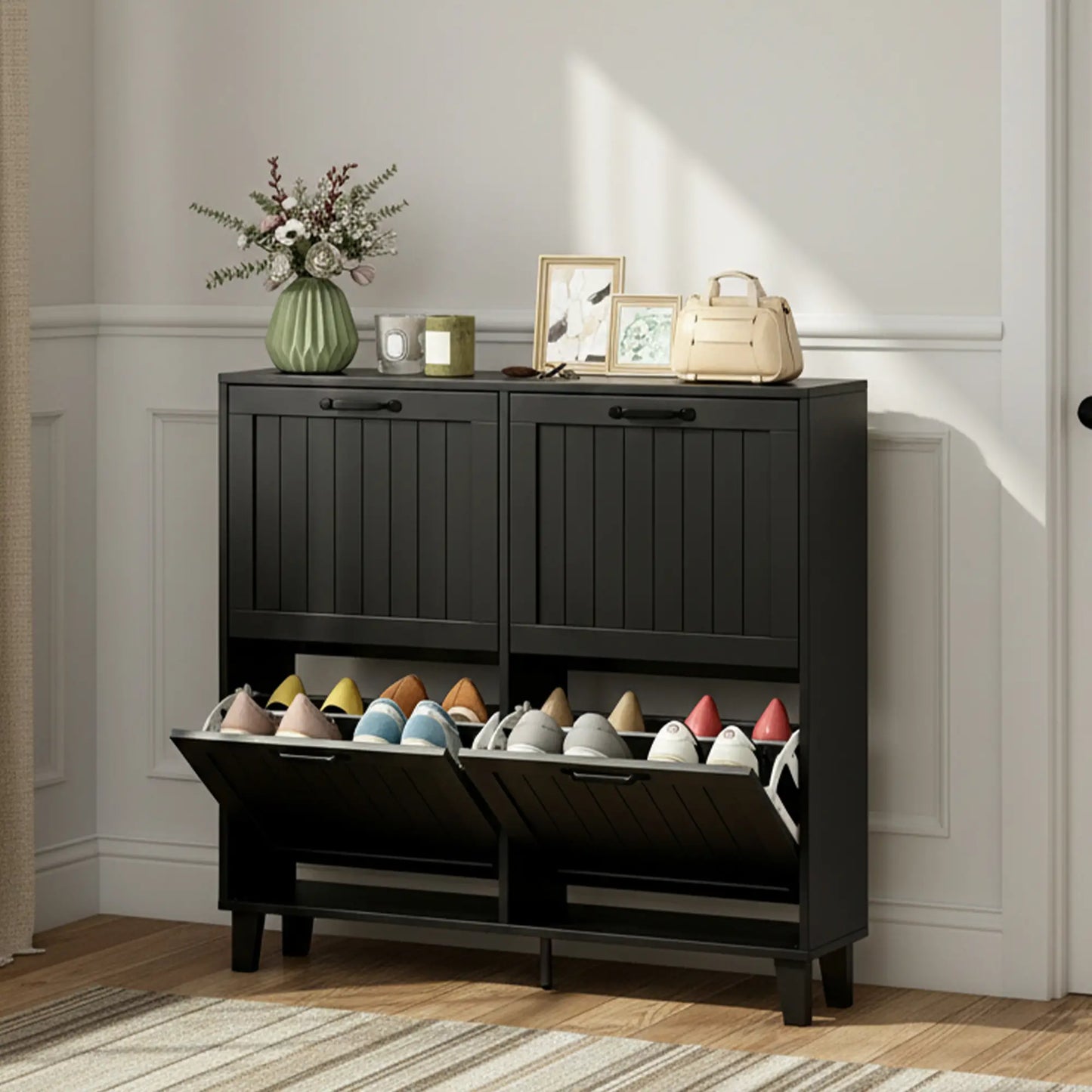 Shoe Cabinet with 4 Flip Drawers, Freestanding Narrow Shoe Storage Cabinet with Adjustable Shelves, Open Back, Black