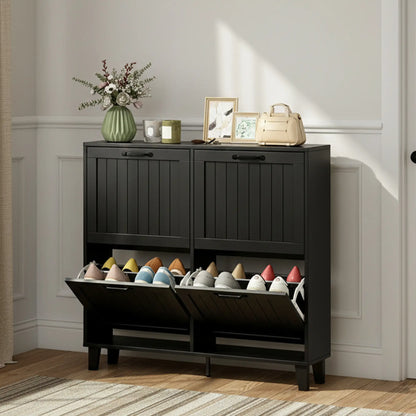Shoe Cabinet with 4 Flip Drawers, Freestanding Narrow Shoe Storage Cabinet with Adjustable Shelves, Open Back, Black