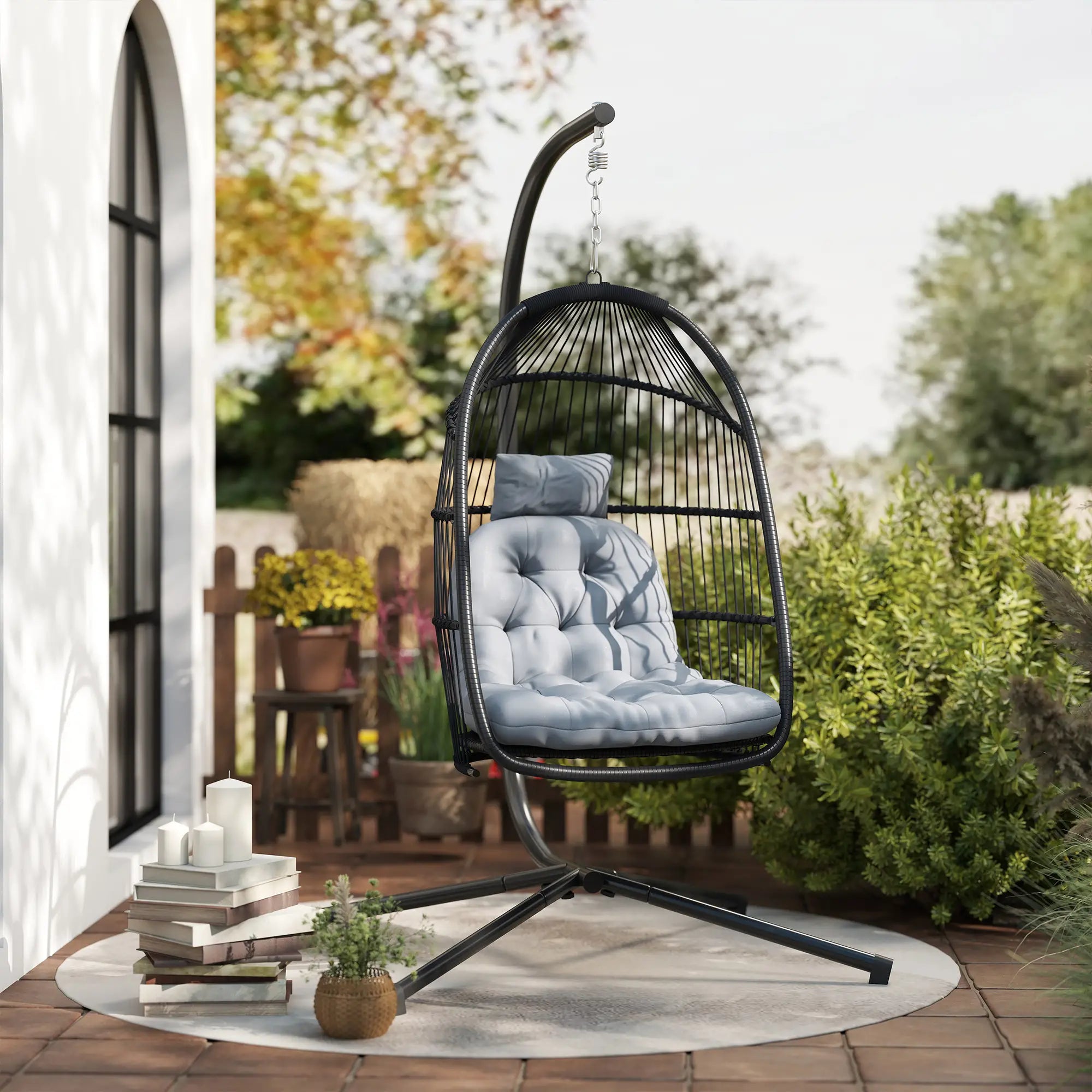 Wicker Egg Swing Chair, Foldable with Stand, UV Resistant Cushion, Headrest, Dark Grey Patio Swings with Stand at Gallery Canada