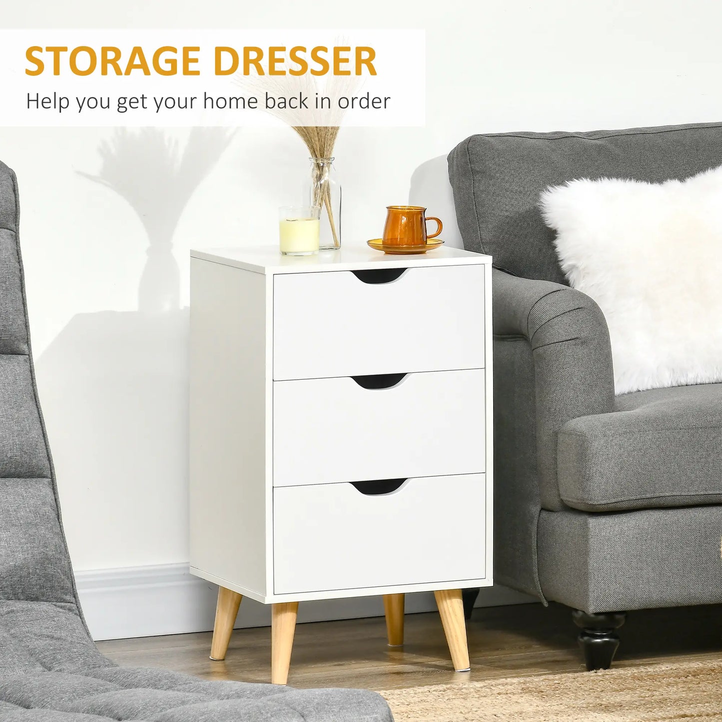 Modern Nightstand, 3 Drawers, Wood Legs, White Bedside Tables at Gallery Canada