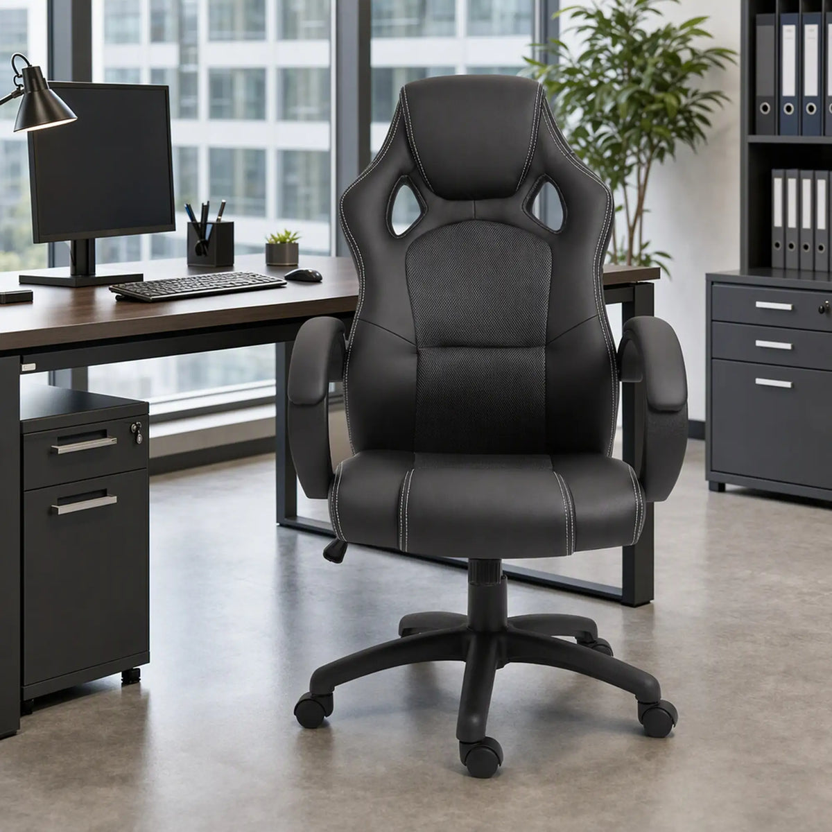 Chaise de jeu de course, Roues pivotantes, Appuie-tête rembourré, Fonction d'inclinaison, Gris
