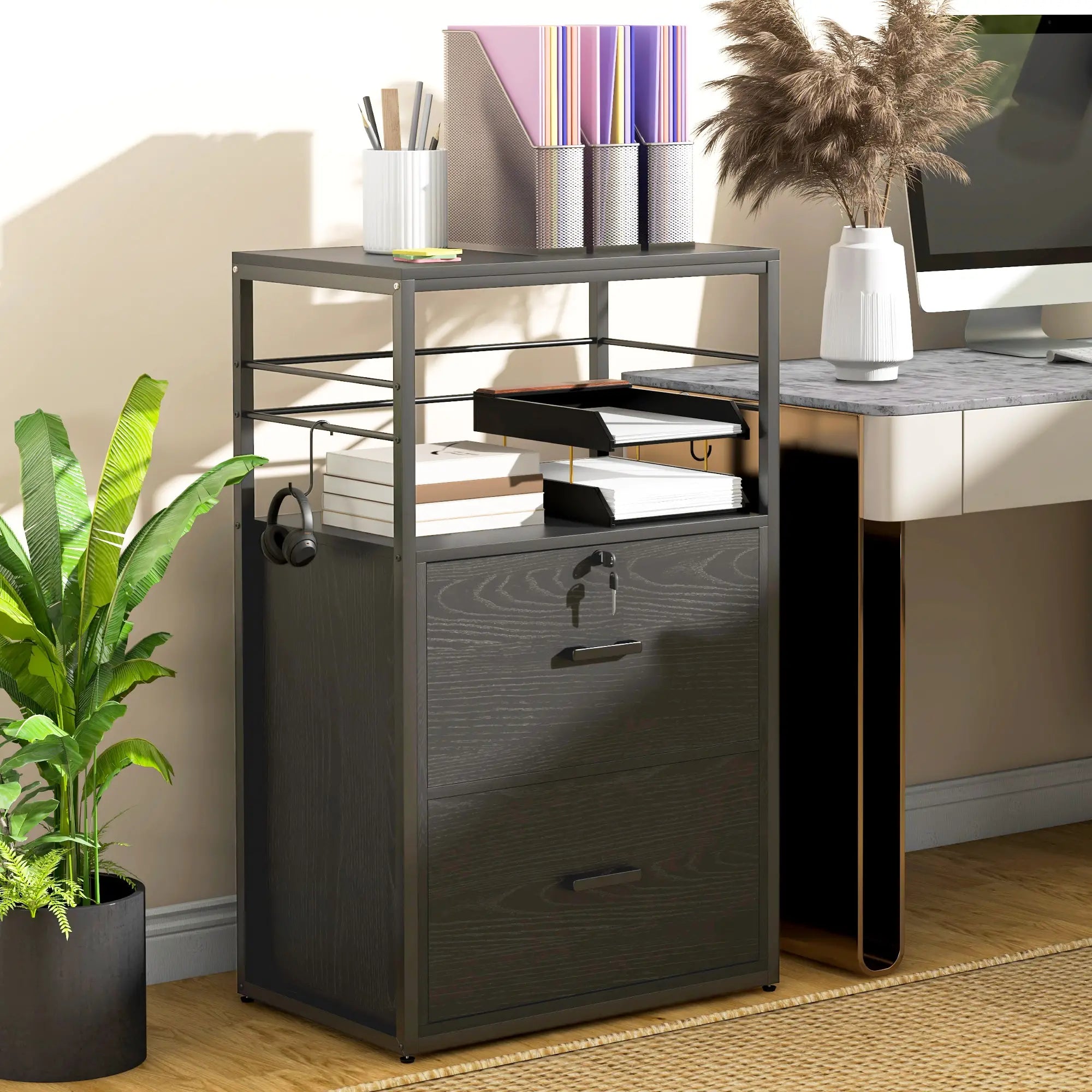 Lockable 2 Drawer Filing Cabinet, Adjustable Hanging Bar, Letter, A4, Legal Size, Black Office Cabinets & Cupboards at Gallery Canada