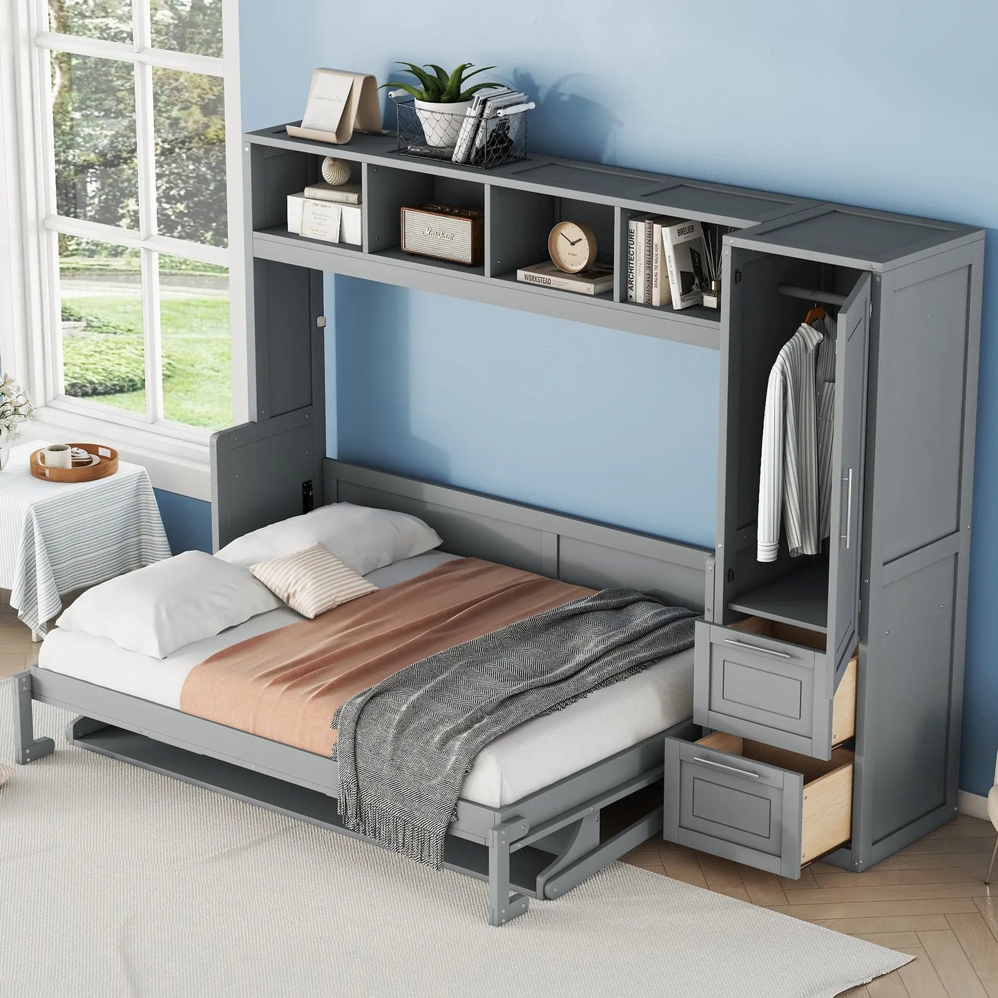 Murphy Bed with Closet, Drawers, 107.5" L x 58" W x 72" H, Grey Bed Frames at Gallery Canada