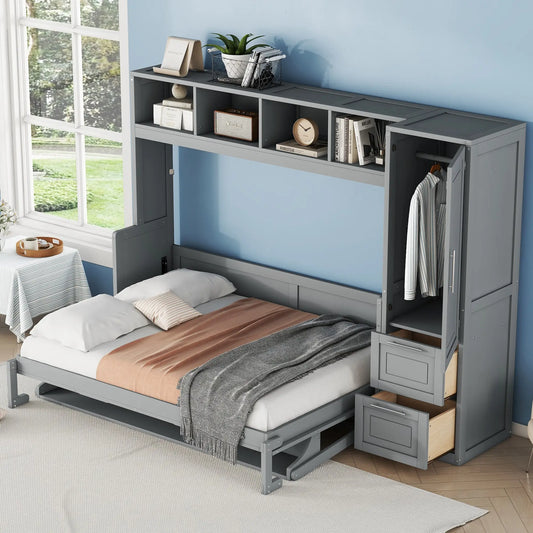 Murphy Bed with Closet, Drawers, 107.5" L x 58" W x 72" H, Grey Bed Frames Grey at Gallery Canada