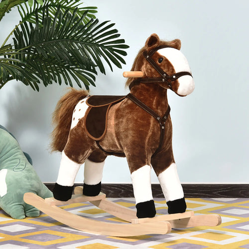 Baby Rocking Horse, Plush Animal Rocker, Ride on Toy, Realistic Sound, Brown