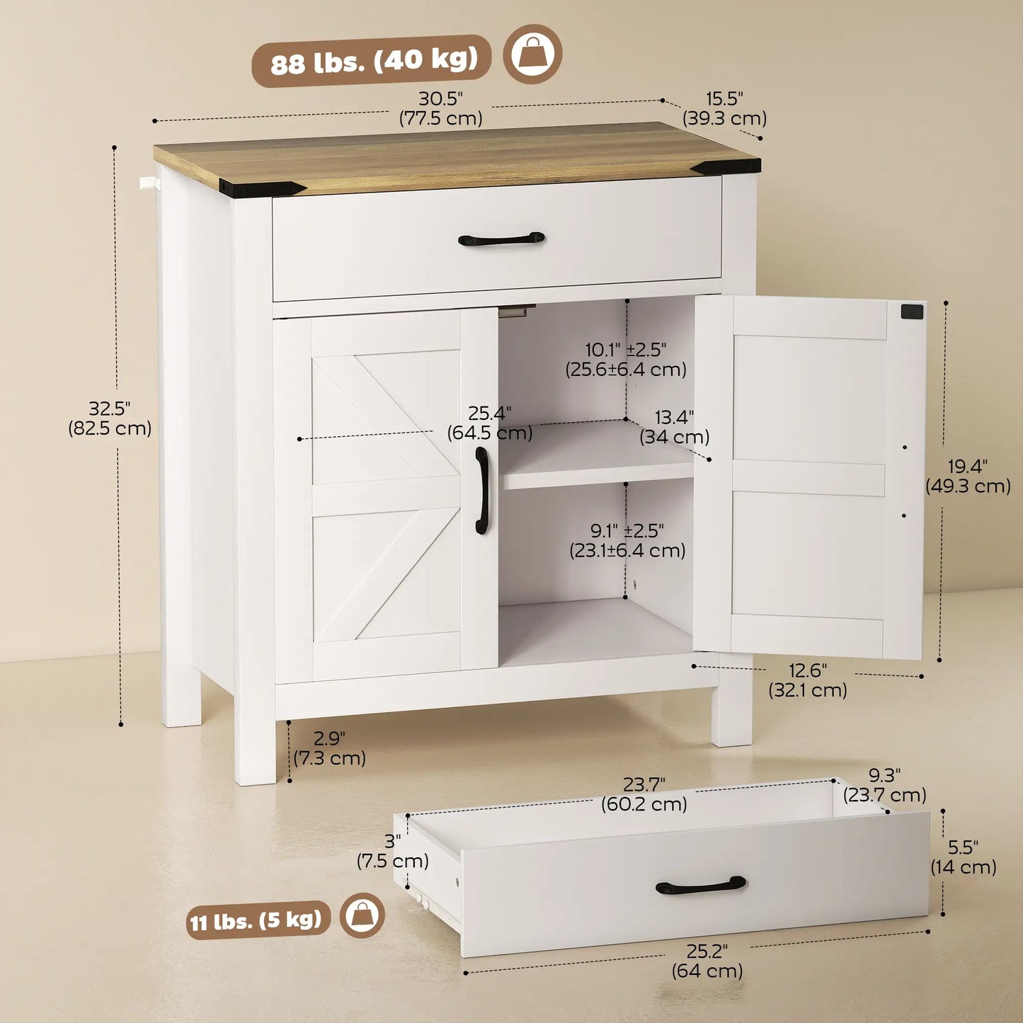 Farmhouse Buffet Cabinet, 1 Drawer, Storage Cabinet, Adjustable Shelf, White