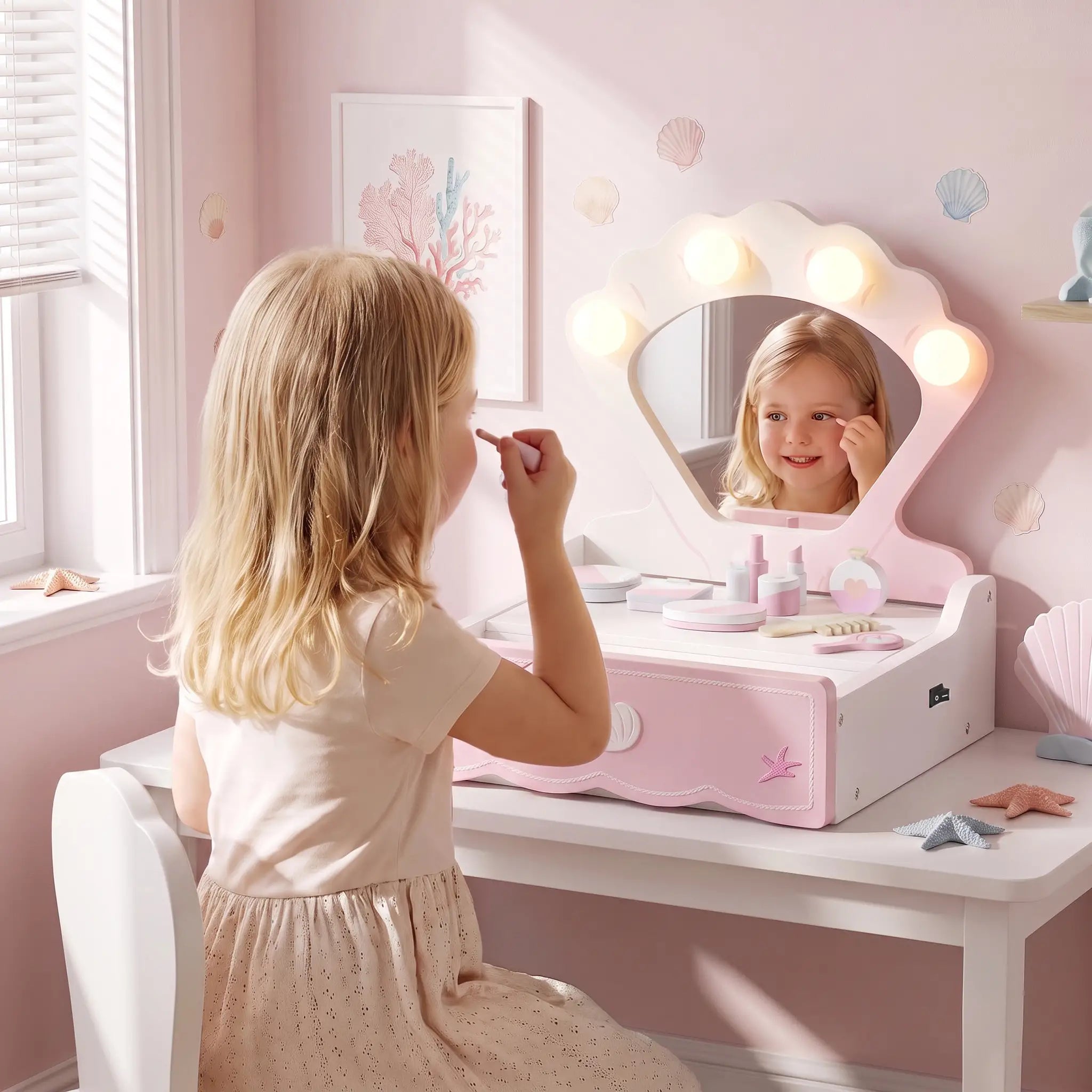 Kids Vanity Set with Lights, Mirror & Drawer, Girls 3-6, Pink Toy Vanity at Gallery Canada
