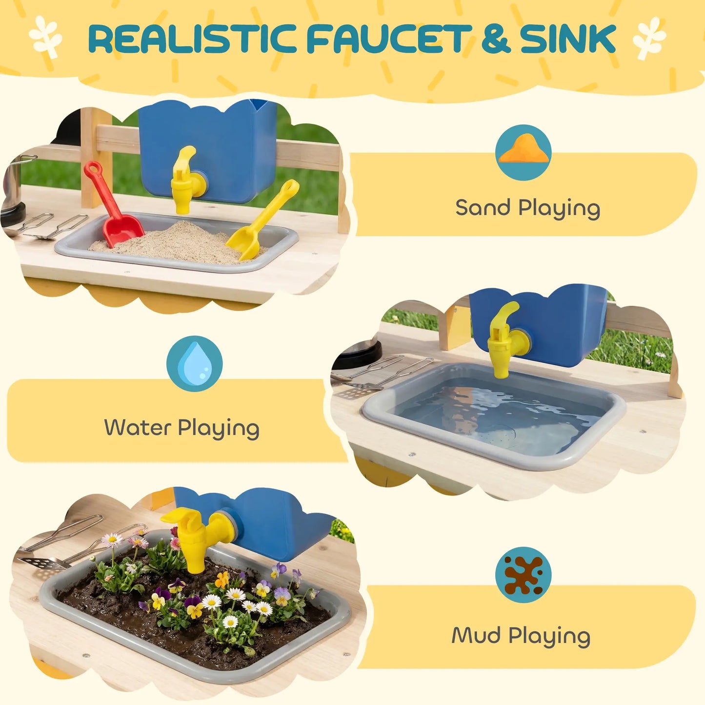 Kids Mud Kitchen With Wheels, Wooden Play Kitchen With Sink, Storage, Planting Pots, Blackboard, Yellow Play Kitchen at Gallery Canada