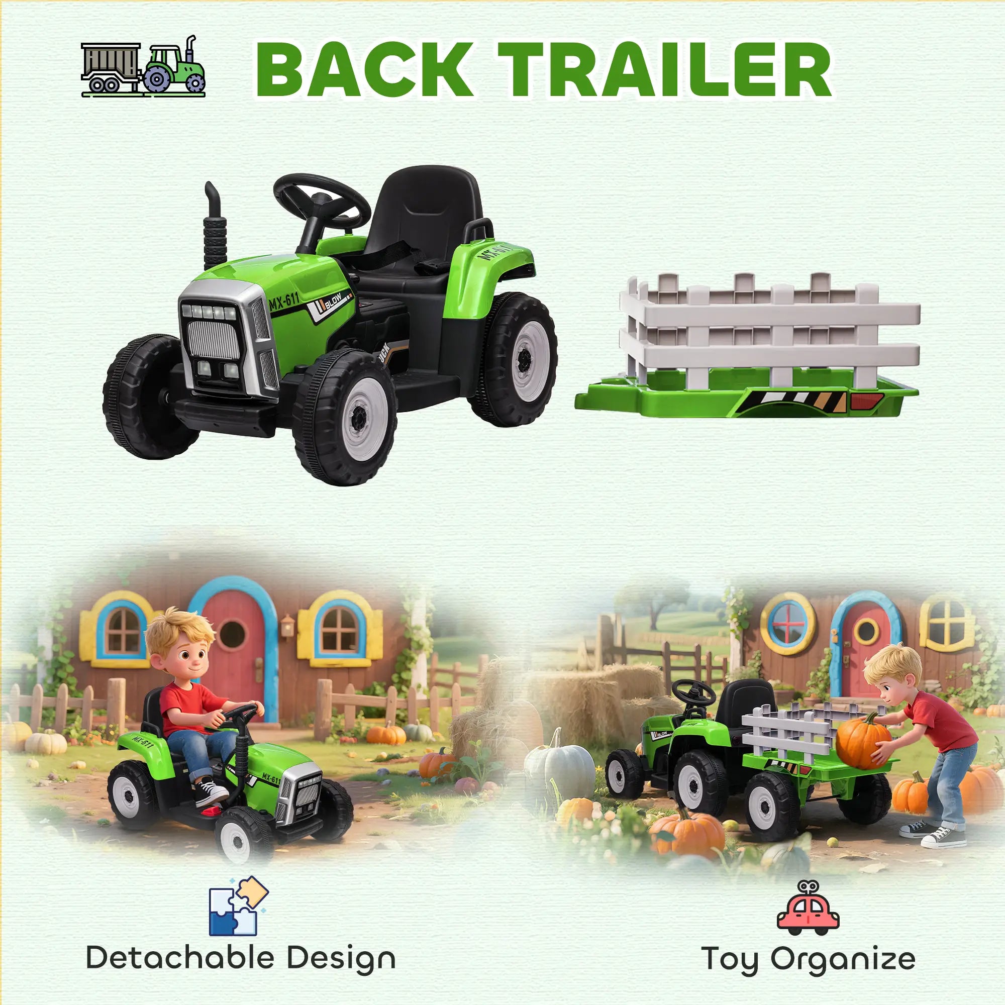 12V Kids Ride on Tractor with Trailer, Remote Control, Music, LED Lights, Green Electric Toy Cars at Gallery Canada