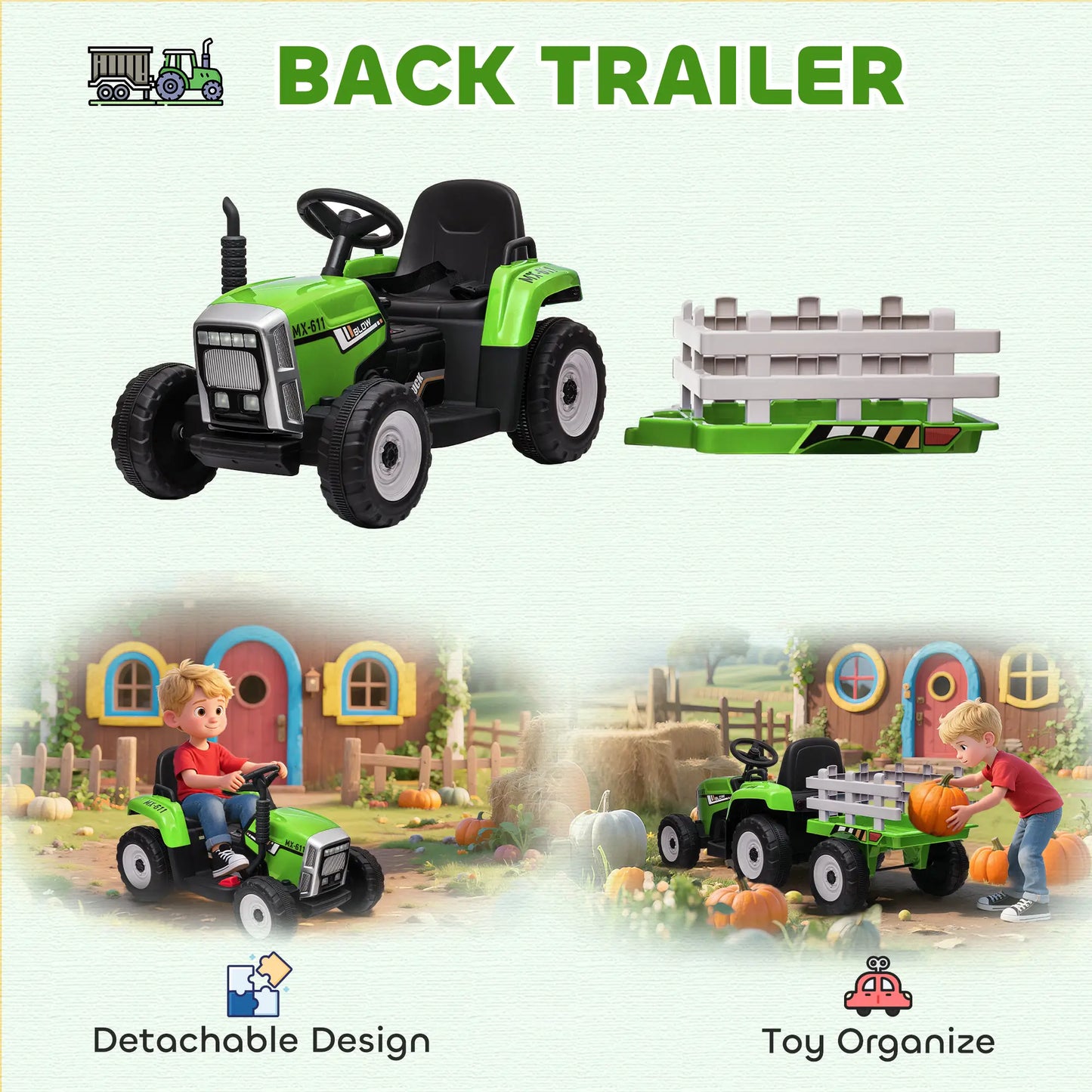 12V Kids Ride on Tractor with Trailer, Remote Control, Music, LED Lights, Green Electric Toy Cars at Gallery Canada