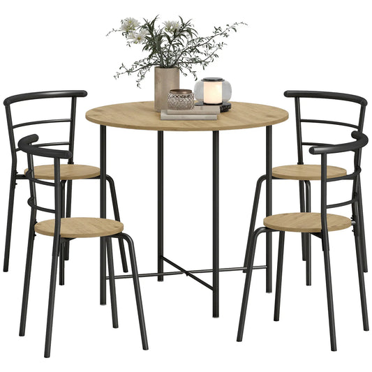 5 Piece Dining Table Set, Round for 4, Metal Frame, Natural