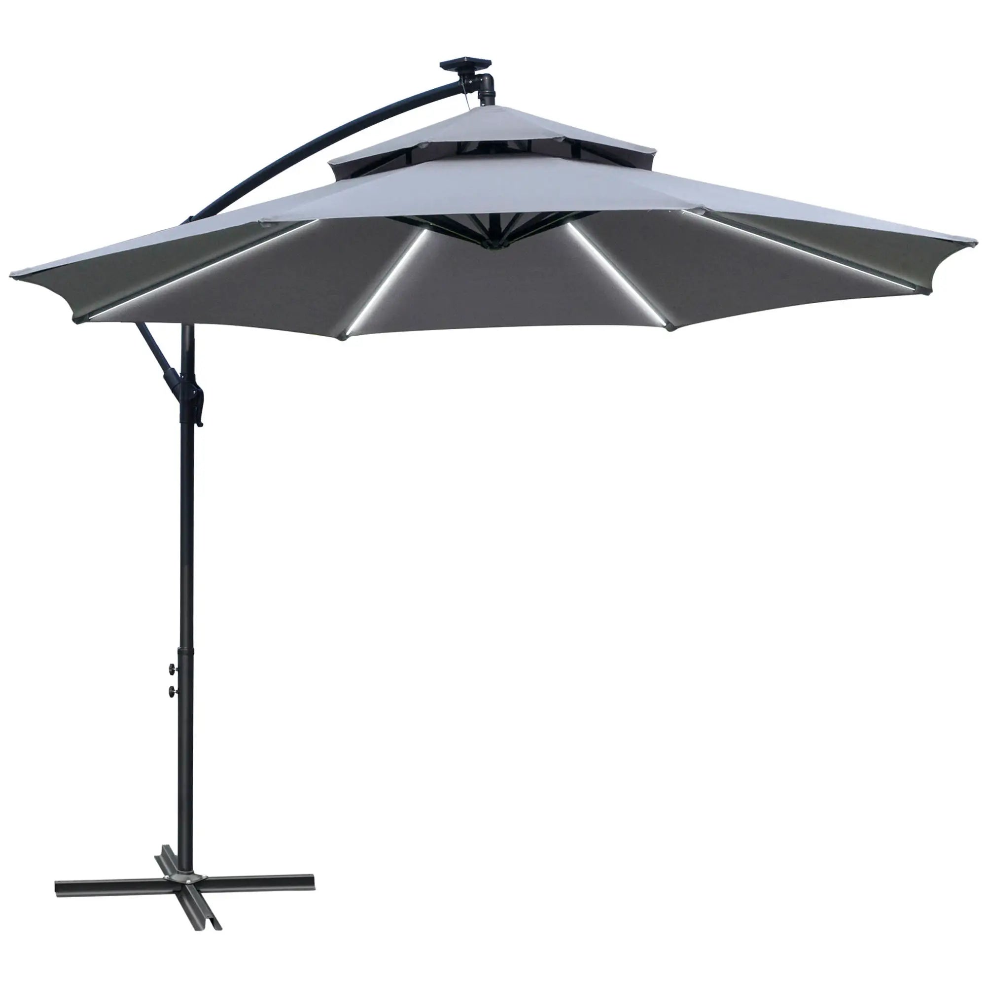10FT Solar Powered Cantilever Patio Umbrella, Crank, Cross Base, Grey Cantilever Umbrellas Grey, Black at Gallery Canada
