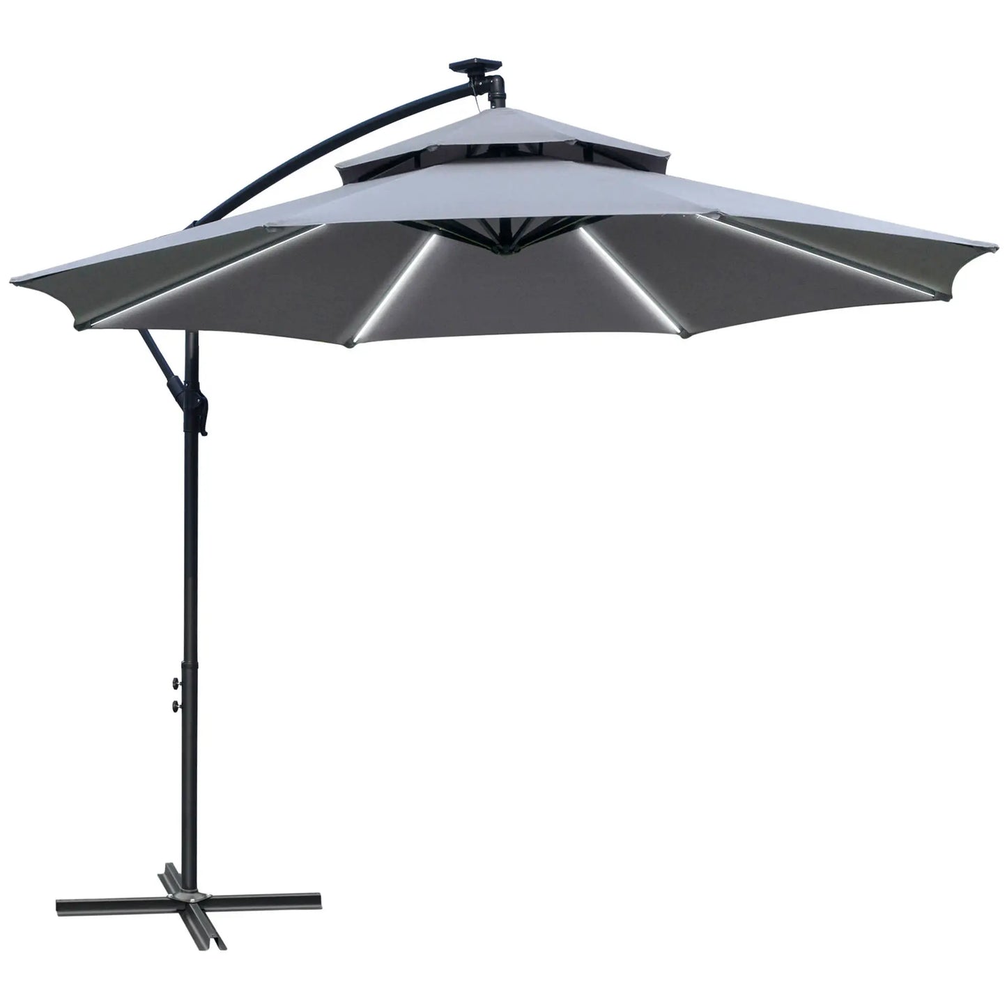 10FT Solar Powered Cantilever Patio Umbrella, Crank, Cross Base, Grey Cantilever Umbrellas Grey, Black at Gallery Canada