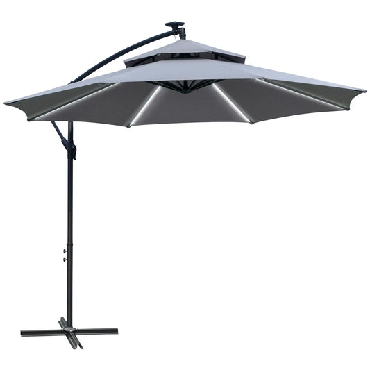 10FT Solar Powered Cantilever Patio Umbrella, Crank, Cross Base, Grey Cantilever Umbrellas Grey, Black at Gallery Canada