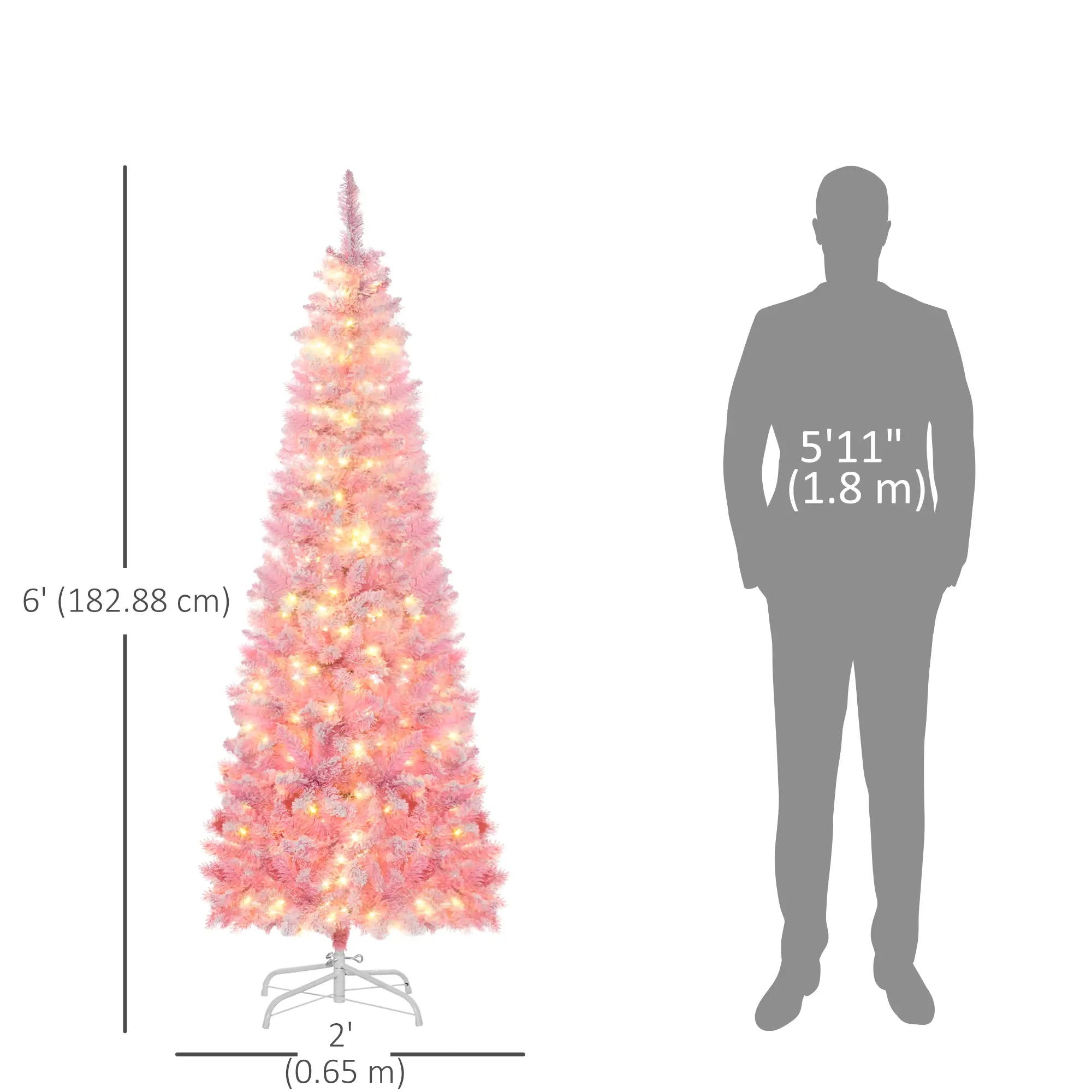 6ft Prelit Snow Flocked Artificial Christmas Tree, Pencil Shape, 500 Pine Branches, Warm White LED, Auto Open, Pink White Pre Lit Christmas Trees at Gallery Canada