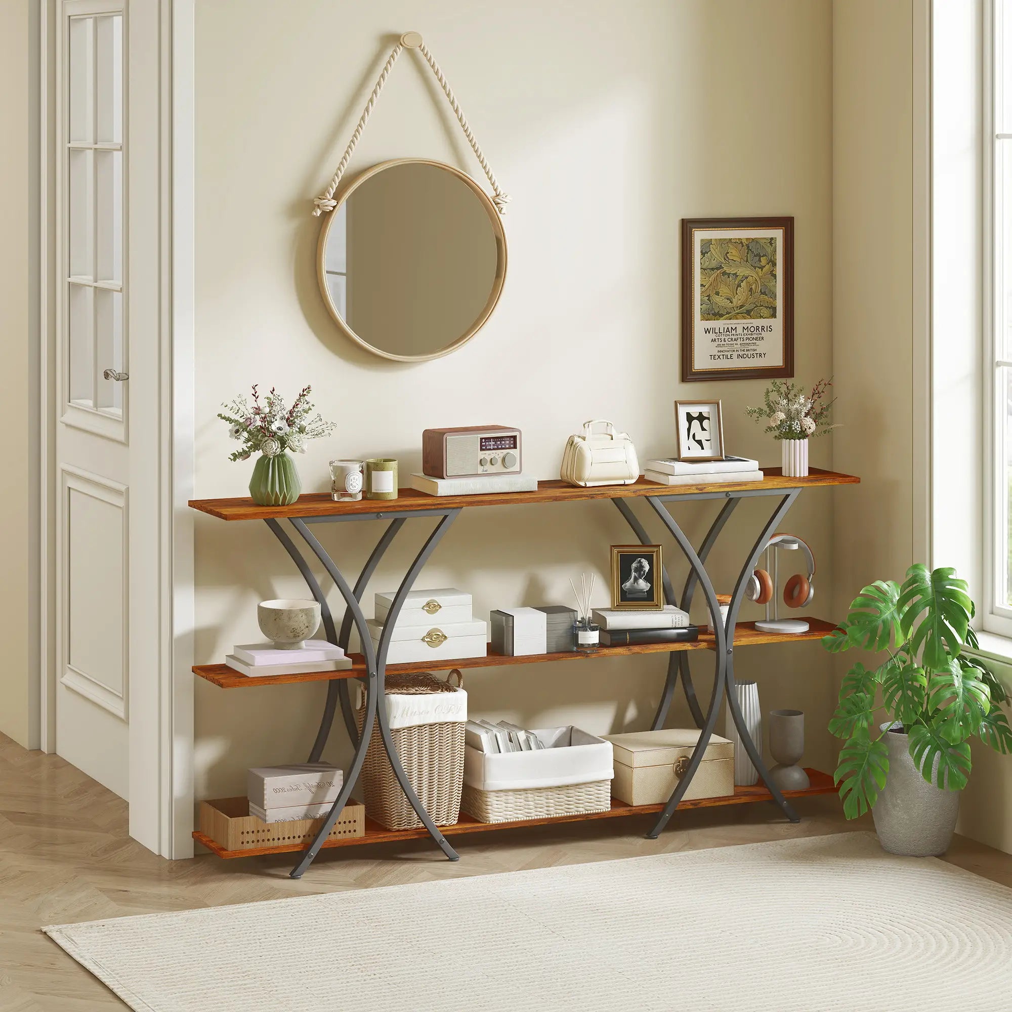 71 Inch Console Table, 3-Tier Industrial with 2 Shelves, Rustic Brown Console Tables at Gallery Canada