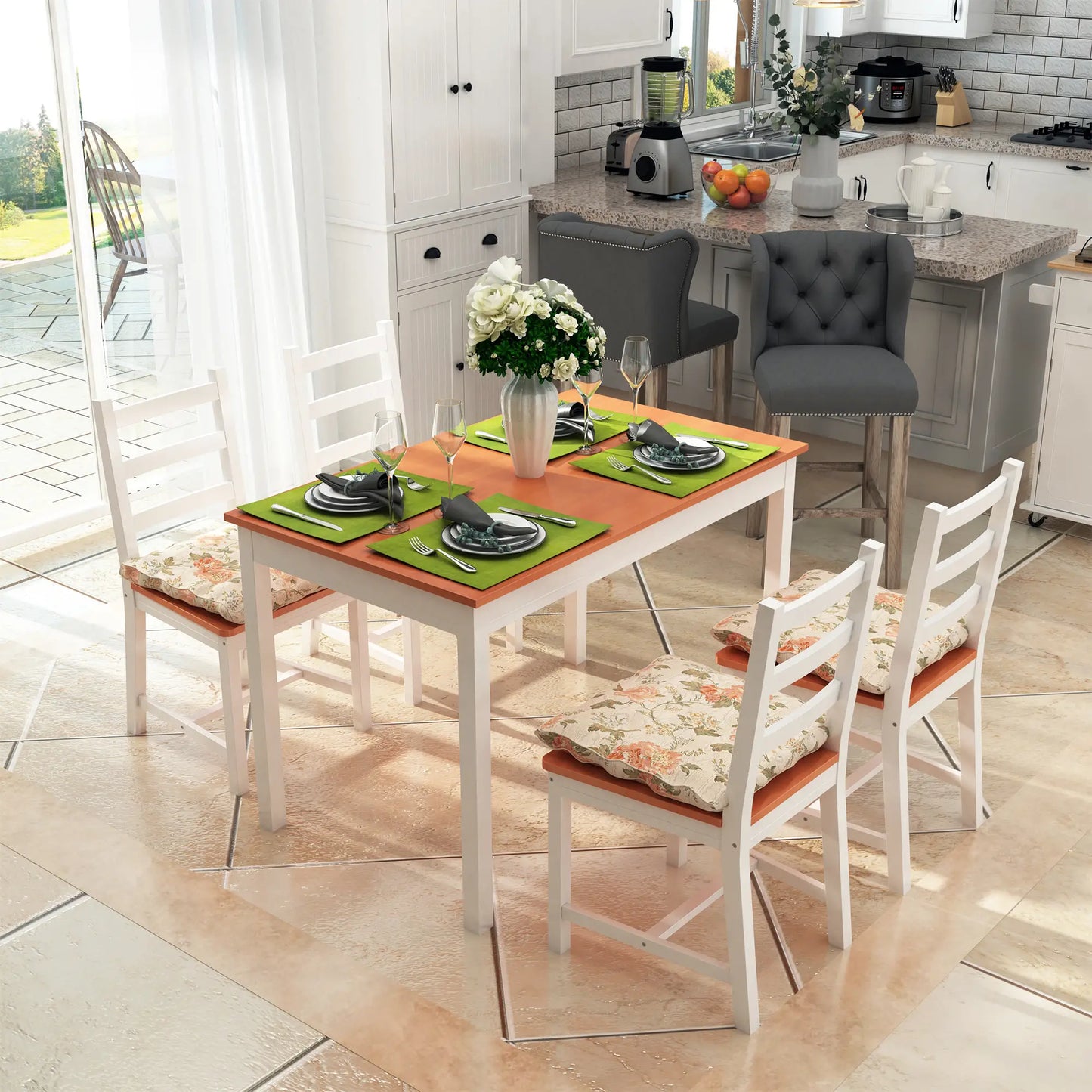 Pine Wood Dining Table Set for 4, 5 Piece, White and Natural Wood, White, Natural Wood Bar Sets at Gallery Canada