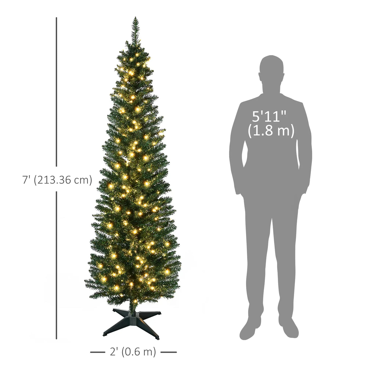 7' Pre Lit Artificial Pencil Christmas Tree, Warm White LED Lights, Green Pencil Christmas Trees at Gallery Canada