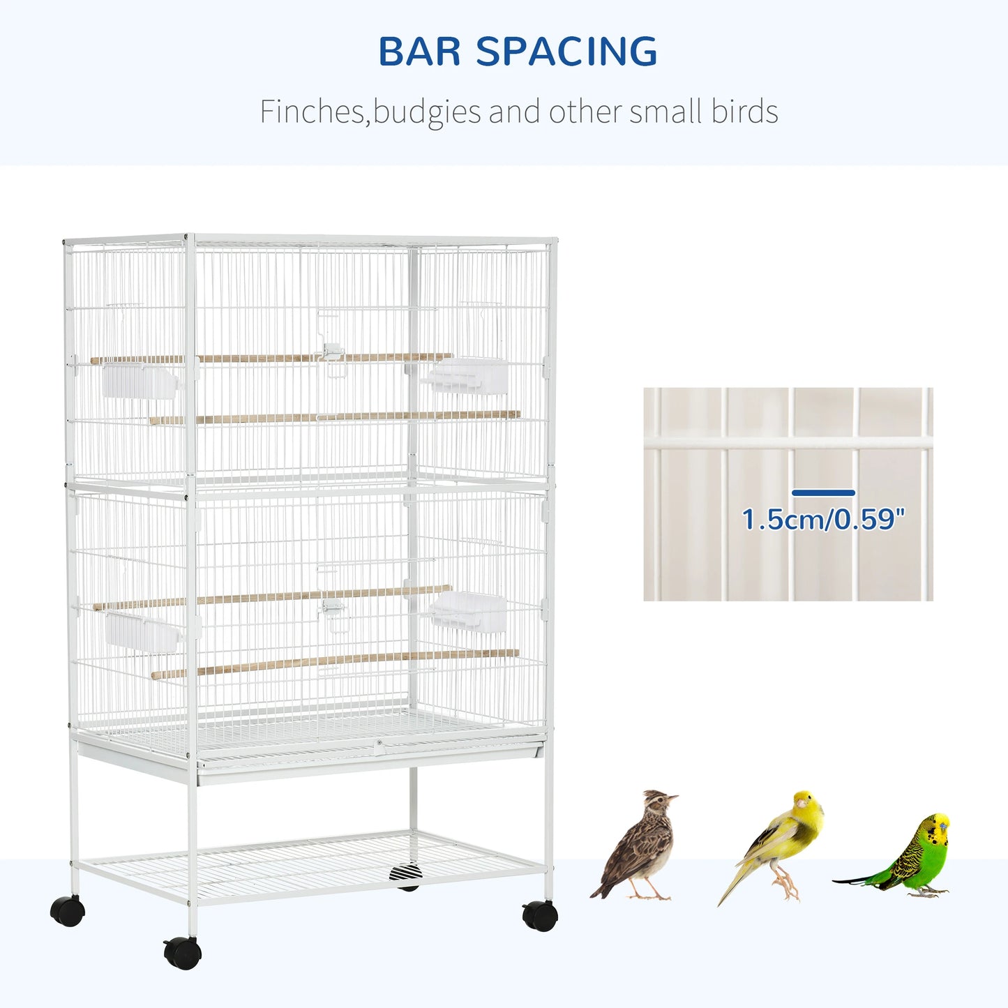 52" Large Rolling Steel Bird Cage, With Stand, Shelf, Perch, White Bird Cages at Gallery Canada