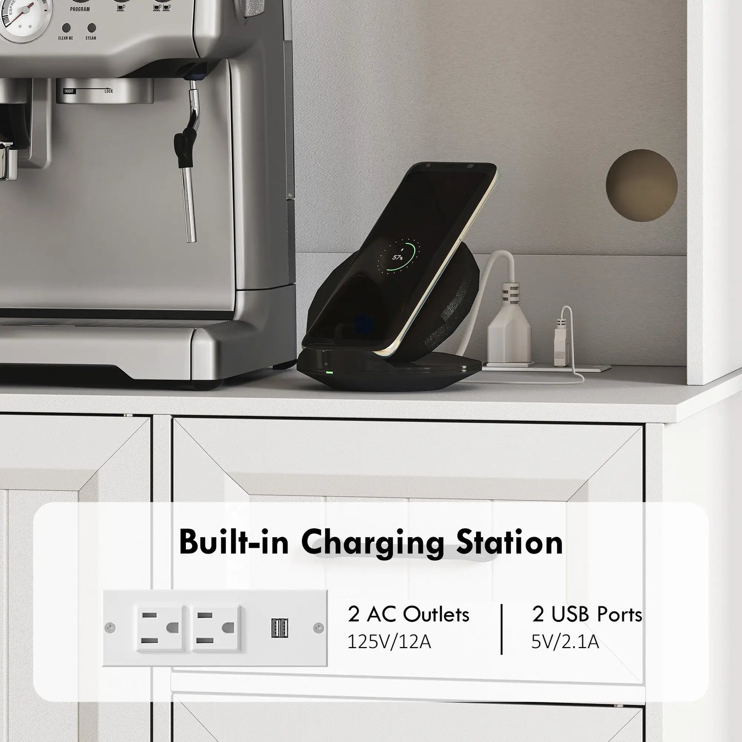 71 Inch Pantry Cabinet with Charging Station, Microwave Stand, Adjustable Shelves, White Kitchen Pantry Cabinets at Gallery Canada