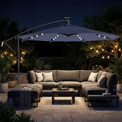 9.7ft Solar LED Cantilever Patio Umbrella, 32 LED Lights, Dark Blue