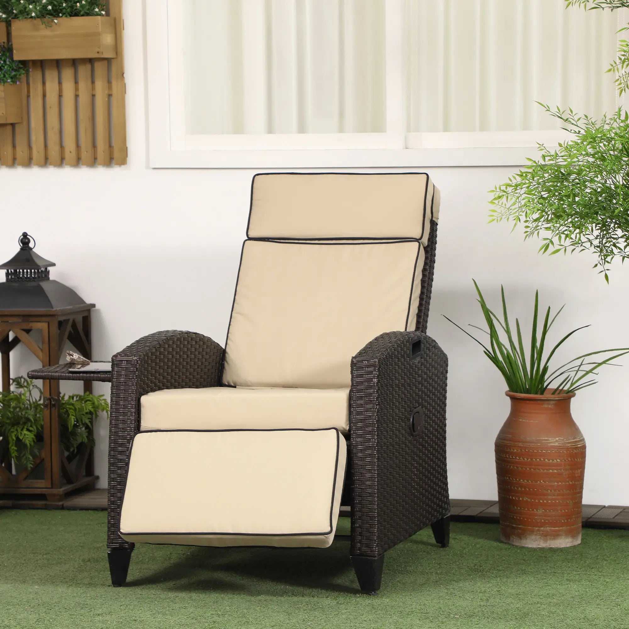 Outdoor Recliner Chair, Adjustable Backrest, Cushion, Side Tray, Khaki Chaise Loungers at Gallery Canada