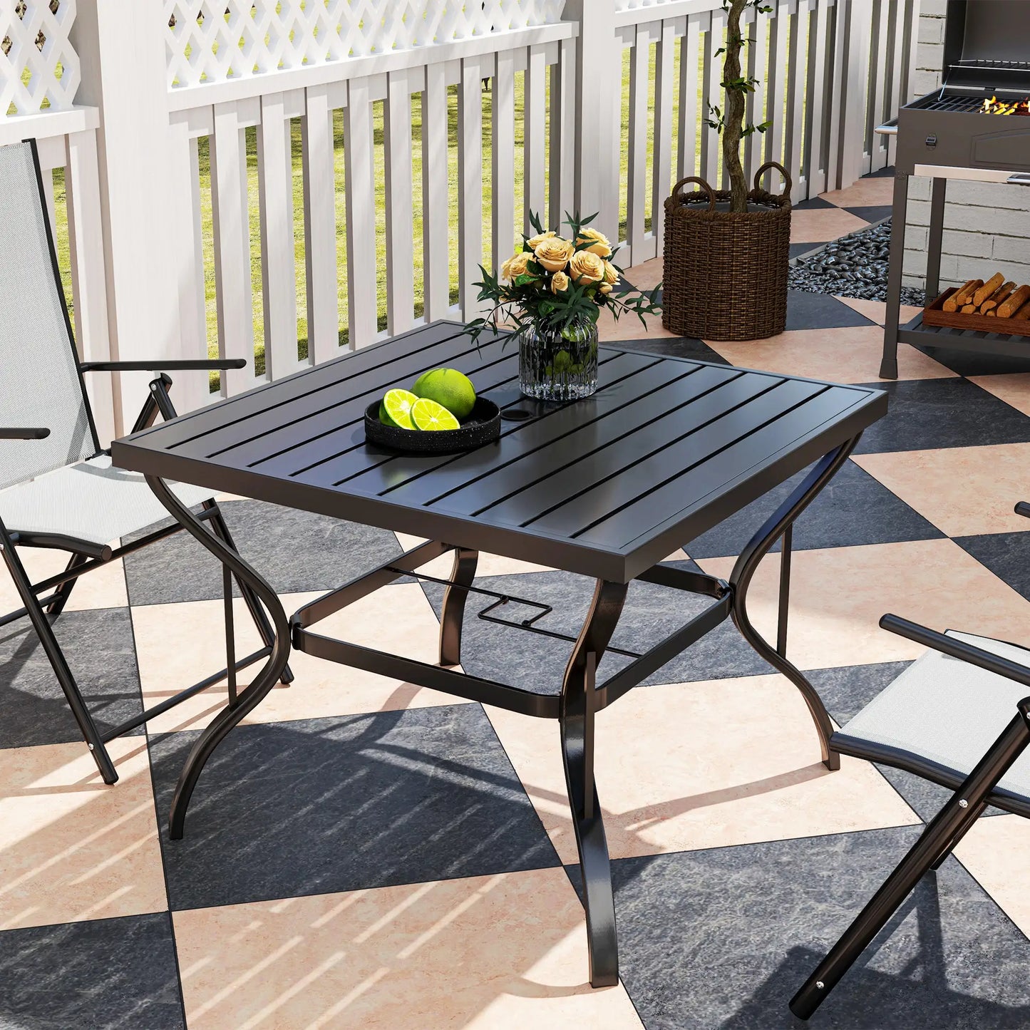 37" Square Outdoor Dining Table, Galvanized Steel, Slatted Top, Black Patio Dinning Tables at Gallery Canada