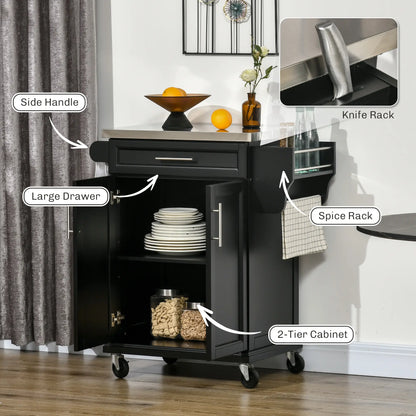 Îlot de cuisine avec plateau en acier inoxydable, chariot roulant, tiroir de rangement, noir
