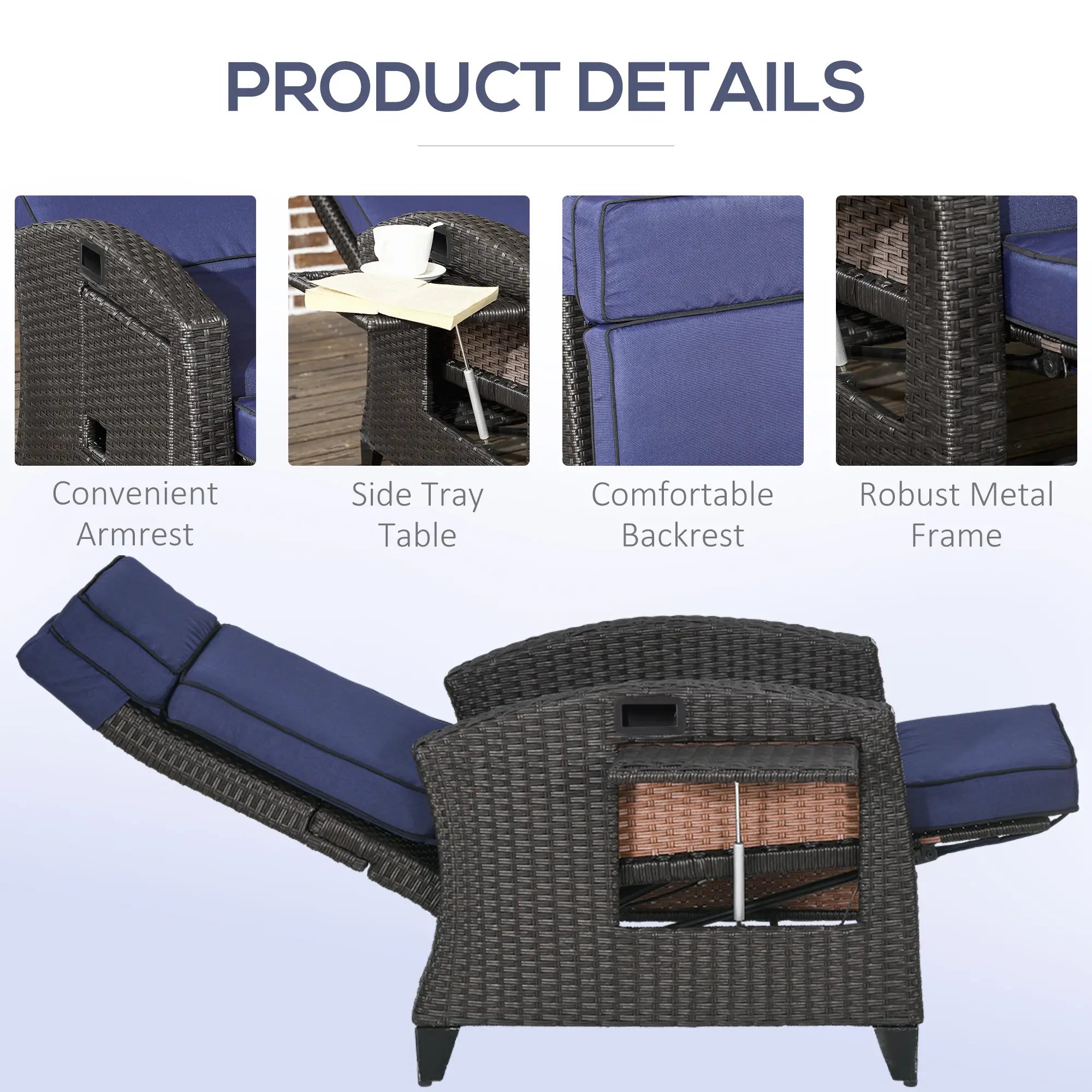 Outdoor Recliner Chair, Adjustable Backrest, Cushion, Side Tray, Blue Chaise Loungers at Gallery Canada