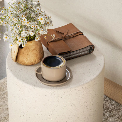 Terrazzo Finish Side Table, 17" Round, White, Cream Side Tables at Gallery Canada