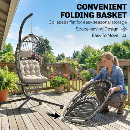 Outdoor Hanging Egg Chair, Retractable Footrest, Metal Stand, Light Grey Patio Swings with Stand at Gallery Canada