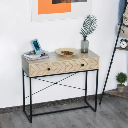 Industrial Console Table, 2 Storage Drawers, Metal Frame, X-Bar Design