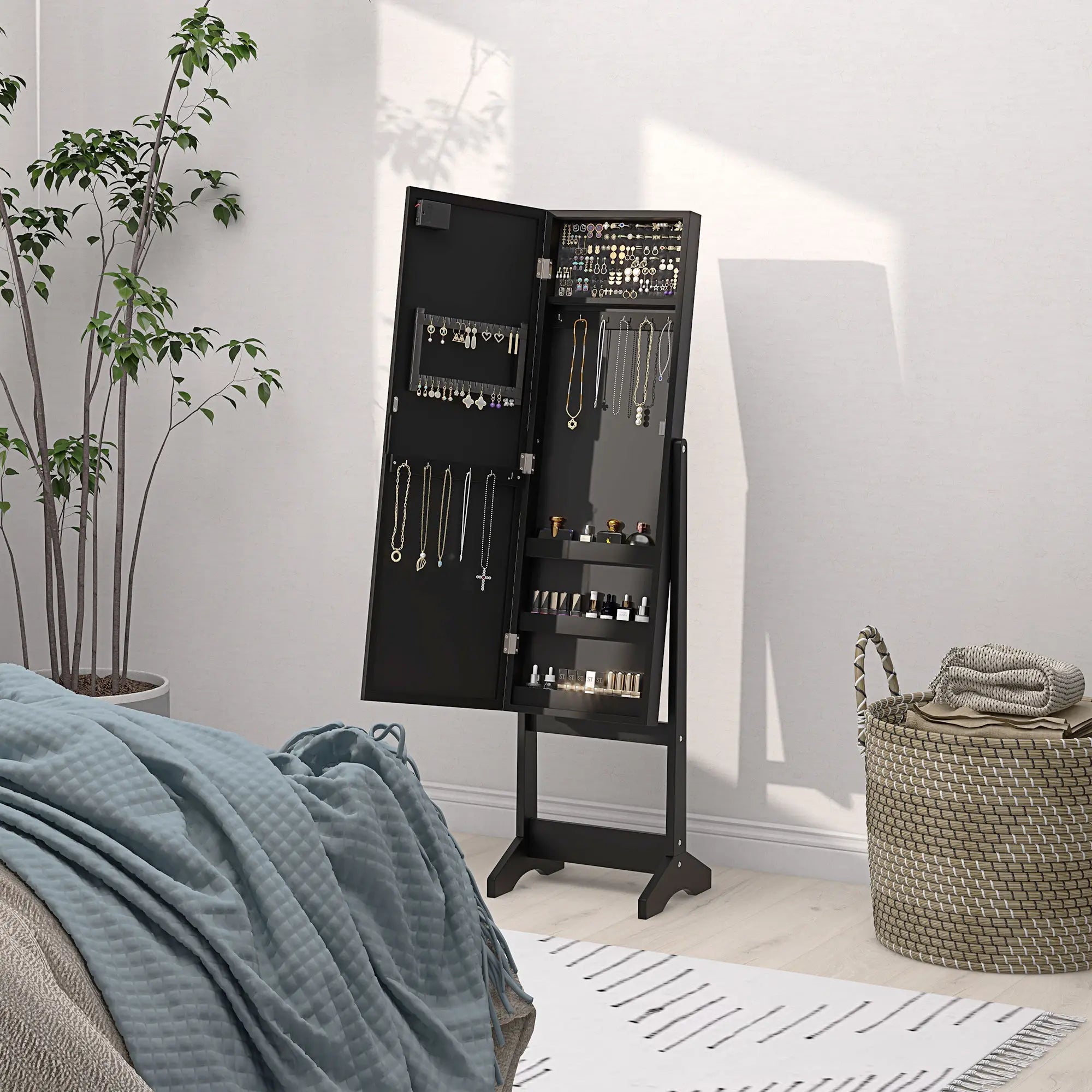 Free Standing Armoire Organizer, Lighted Mirrored Jewelry Cabinet, 16 LED Lights, Black Jewelry Armoire & Jewellery Mirror Cabinets at Gallery Canada