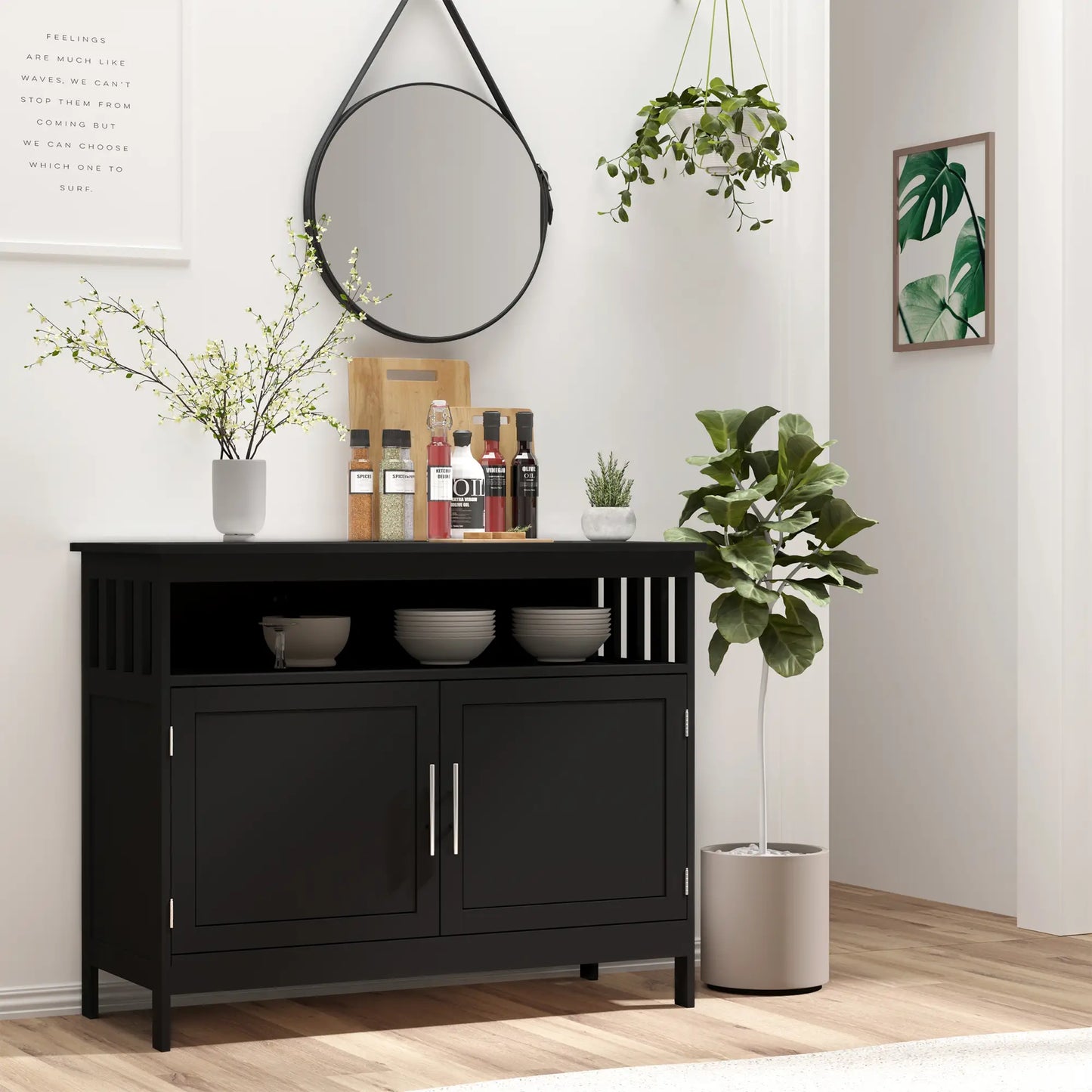 Kitchen Sideboard, Wooden Storage Cabinet, 2-Level Shelf, Black Bar Cabinets at Gallery Canada