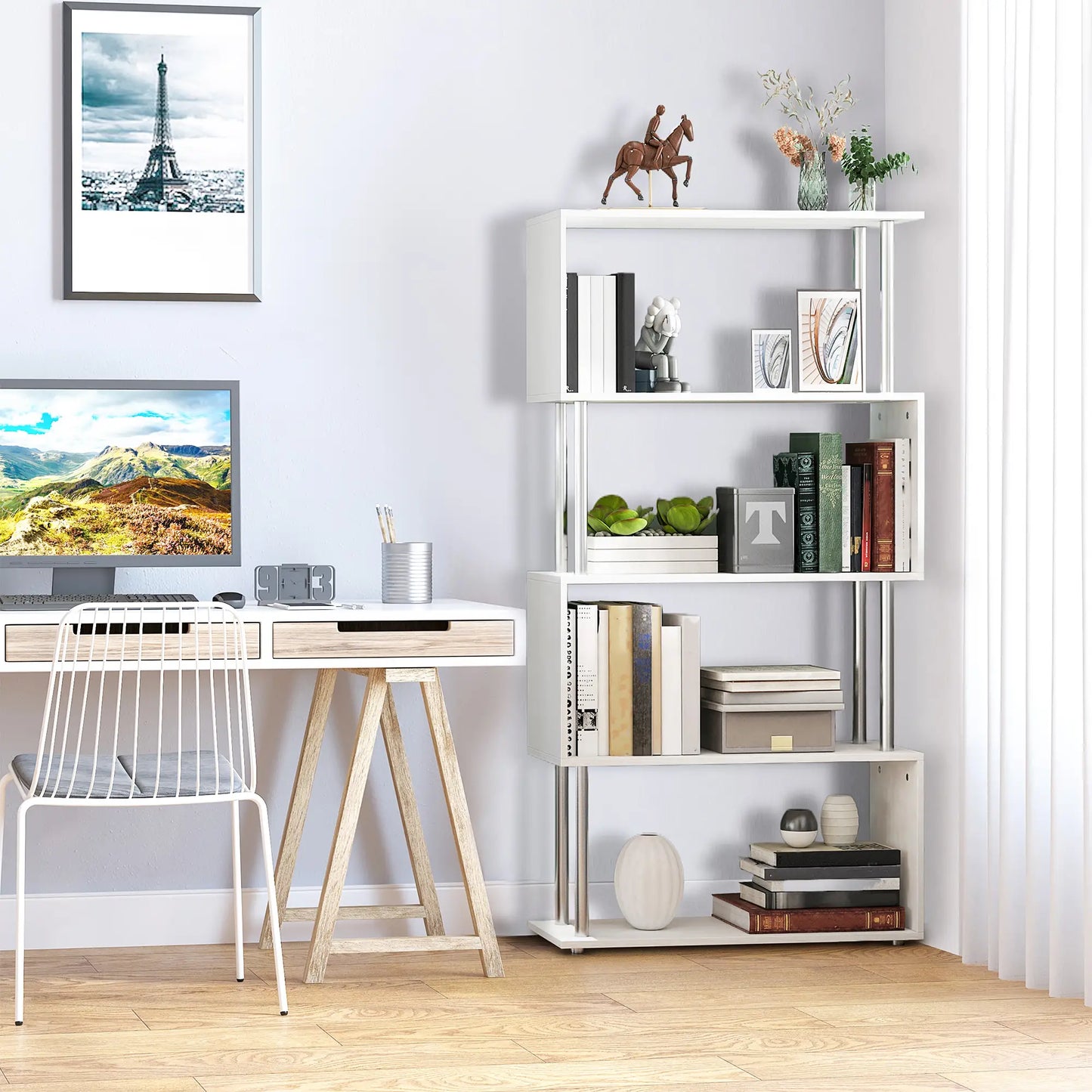 5-Tier Geometric Wooden Bookcase, S-Shaped Storage, White Display Bookshelves at Gallery Canada