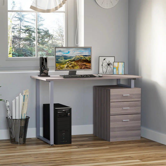 47" Computer Desk With 3 Drawers, Dark Wood Grain Writing Desks Silver frame, Brown board at Gallery Canada