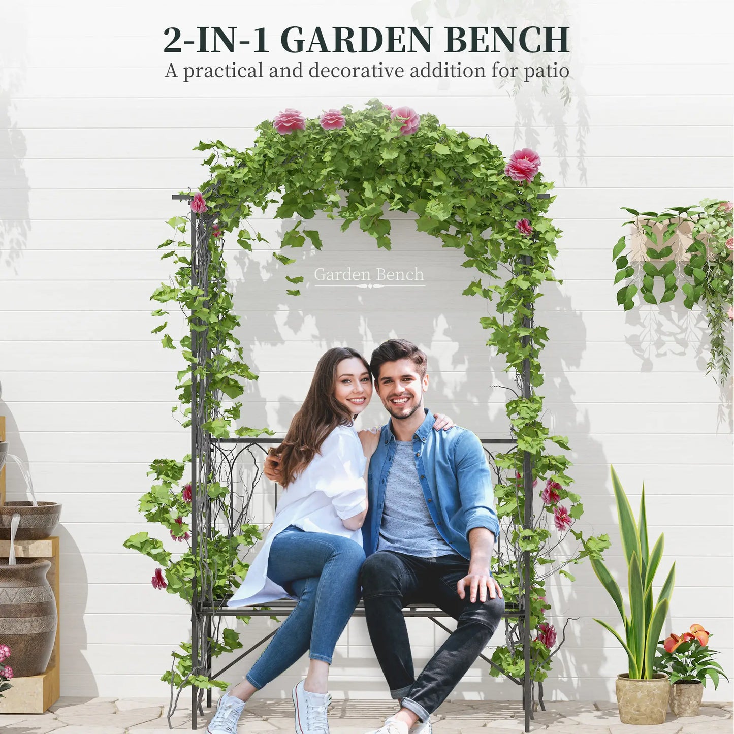 80" Tall Fairy Garden Arbor Arch, Metal Outdoor Bench Trellis, Black Garden Arches at Gallery Canada