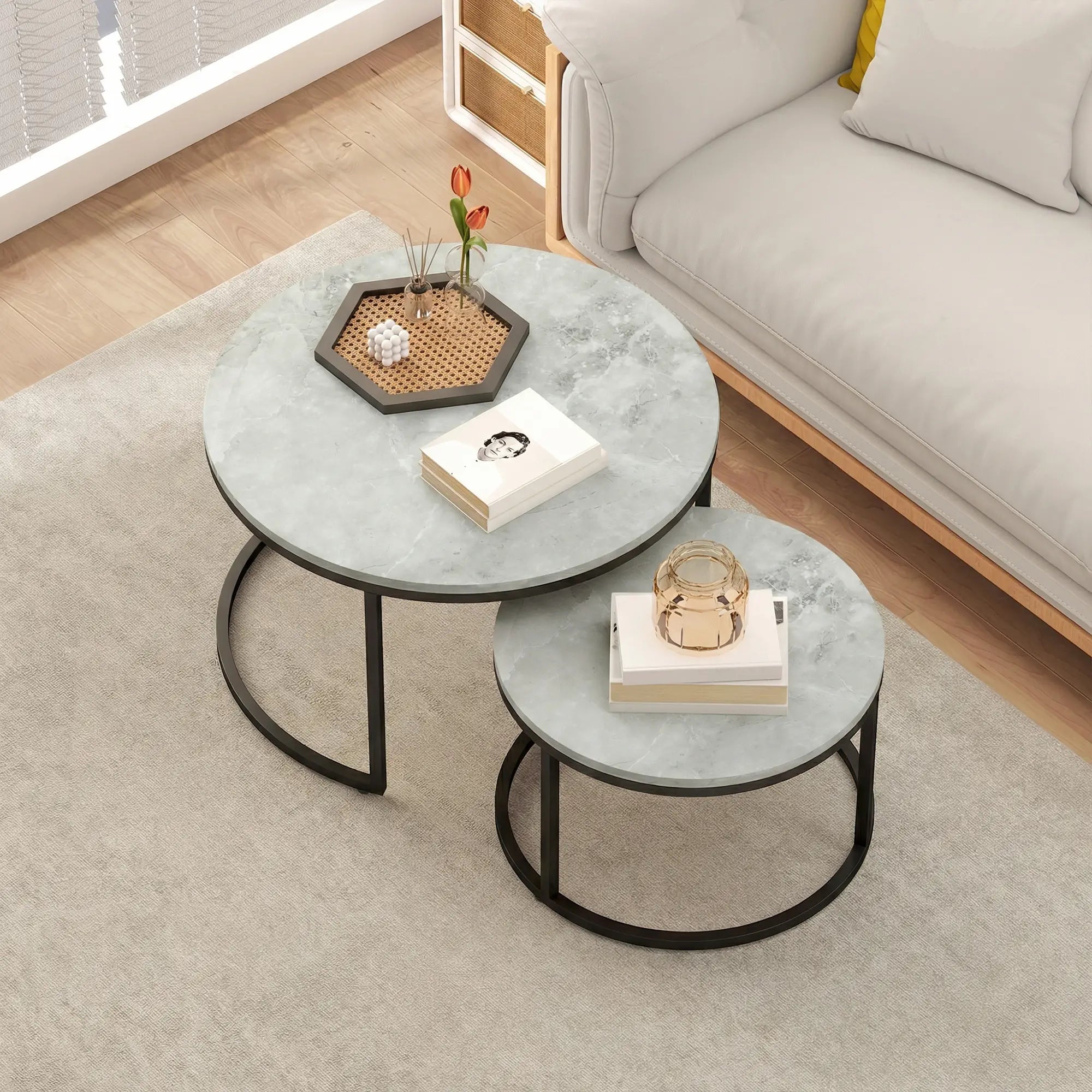 Coffee Table Set Of 2, Nesting Side Tables, Metal Base, Marble Grey, Grey Coffee Tables at Gallery Canada