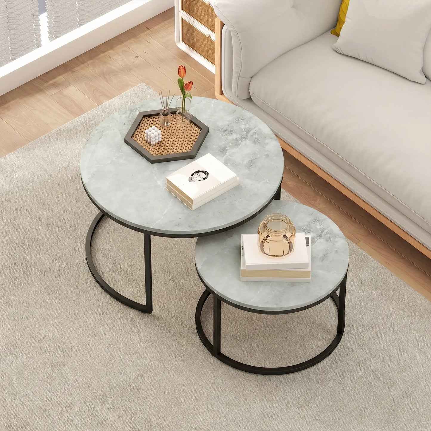 Coffee Table Set Of 2, Nesting Side Tables, Metal Base, Marble Grey, Grey Coffee Tables at Gallery Canada