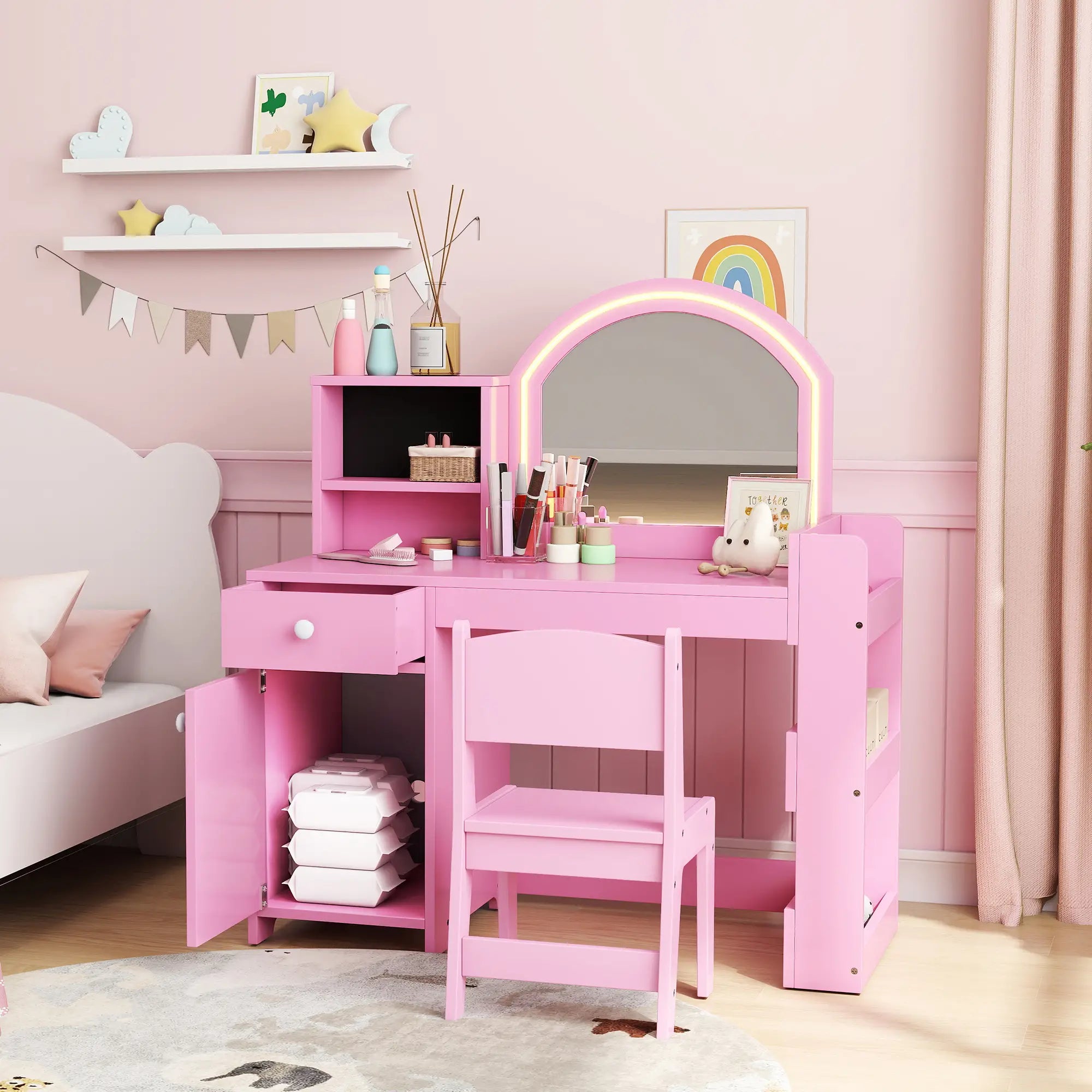 Kids Vanity Set, Toddler Dressing Table and Chair, Lighted Mirror, Pink Toy Vanity at Gallery Canada