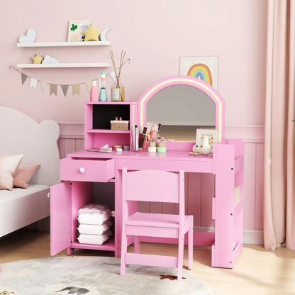 Kids Vanity Set, Toddler Dressing Table and Chair, Lighted Mirror, Pink Toy Vanity at Gallery Canada