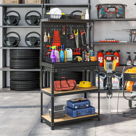 31.5 Inch Workbench with Pegboard, 2 Shelves, Drawer, Black Tool Organizers Black at Gallery Canada