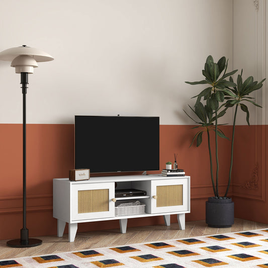 TV Stand Cabinet for 50-Inch, TV Table with 2 Rattan Doors, Television Stand with Adjustable Shelves and Cable Holes - Gallery Canada