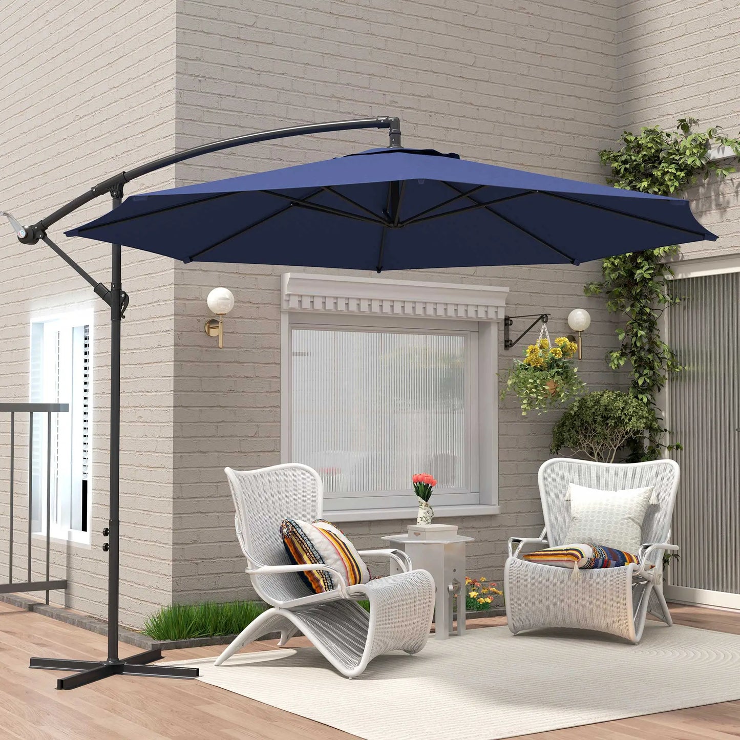 9.7ft Offset Patio Umbrella, 8 Ribs, Crank Handle, Cross Base, Blue Offset Cantilever Umbrellas at Gallery Canada