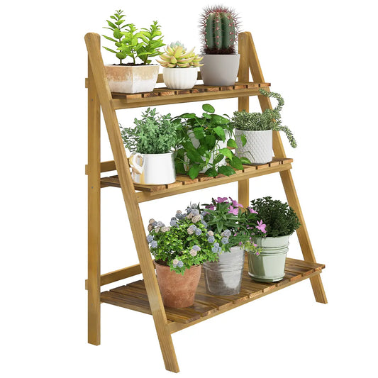 Foldable 3-Tier Wooden Plant Shelf, Outdoor Plant Stands Carbonized Wood Color at Gallery Canada