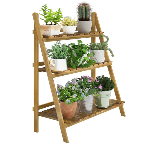 Foldable 3-Tier Wooden Plant Shelf, Outdoor