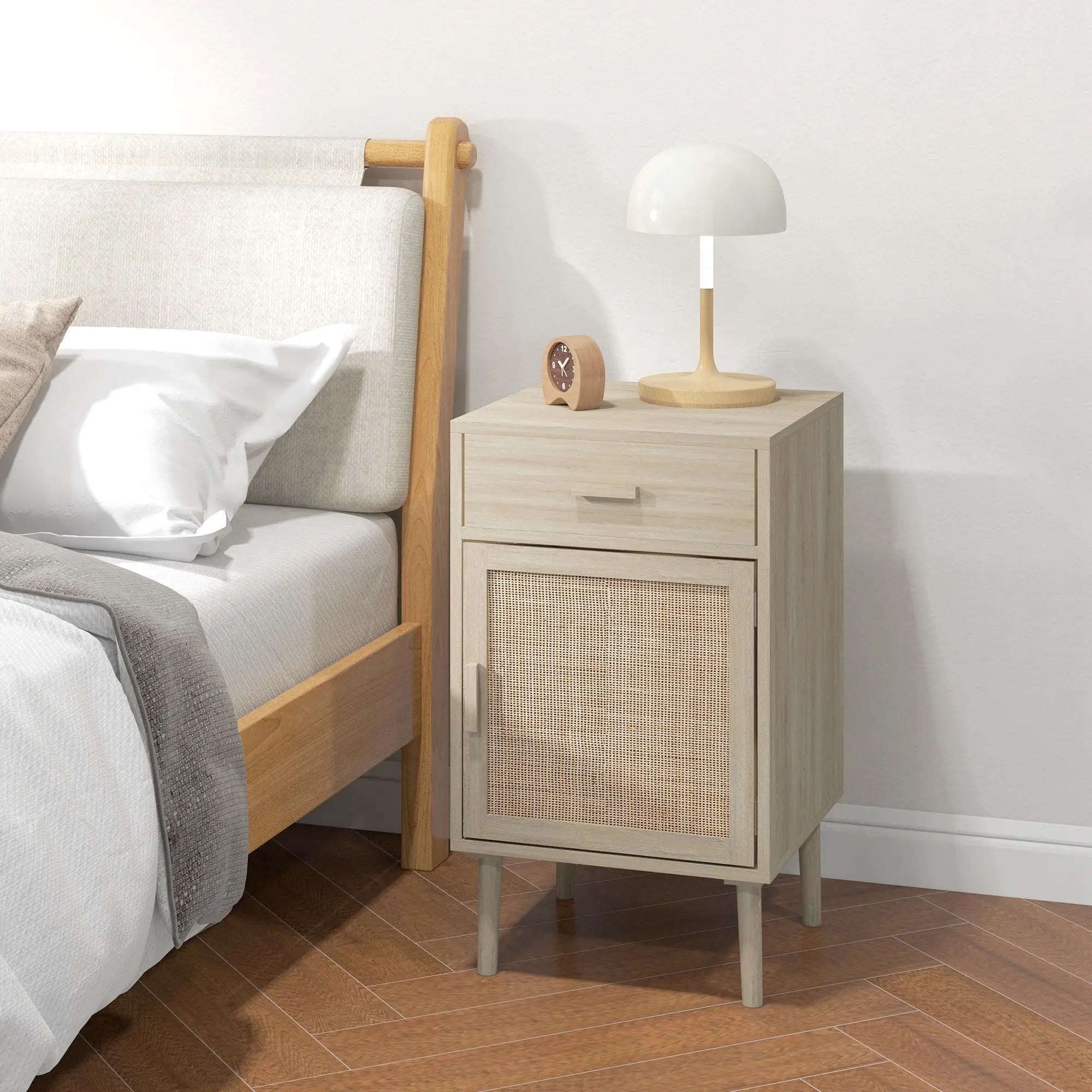 Boho Bedside Tables Set of 2, Nightstands with Drawer, Rattan Cabinet, Oak Bedside Tables at Gallery Canada