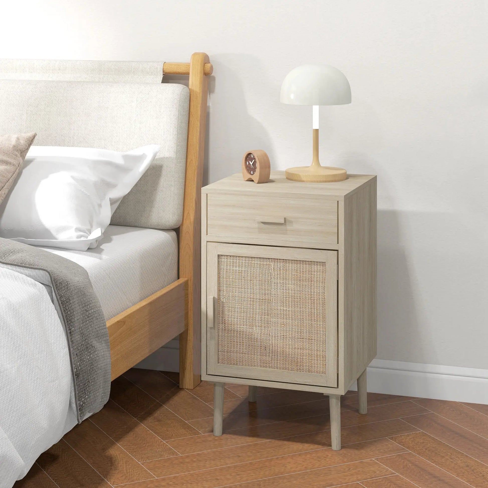Boho Bedside Tables Set of 2, Nightstands with Drawer, Rattan Cabinet, Oak Bedside Tables at Gallery Canada