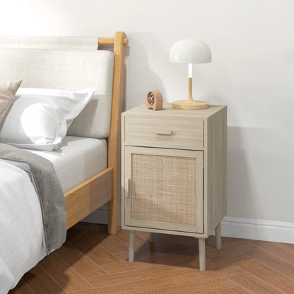 Boho Bedside Tables Set of 2, Nightstands with Drawer, Rattan Cabinet, Oak Bedside Tables at Gallery Canada